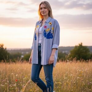 Quacker Factory Striped Shirt Floral Embroidery ,crystal embellished size 1X